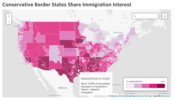 Il volume di post su Facebook legati al tema immigrazione, nella mappa pubblicata dal WSJ