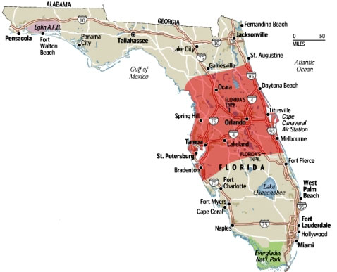L'I-4 corridor è la parte evidenziata in rosso