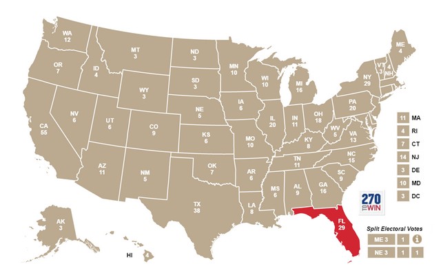 La Florida evidenziata sulla mappa degli Stati Uniti: è la penisola all'estremità meridionale della Costa atlantica