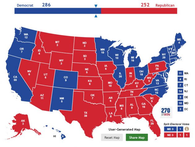 La mappa dei Grandi elettori con Ohio, New Hampshire e North Carolina a Hillary